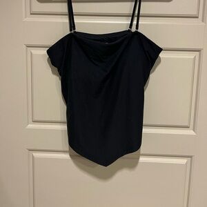 Asymmetrical strapless top, slightly cropped